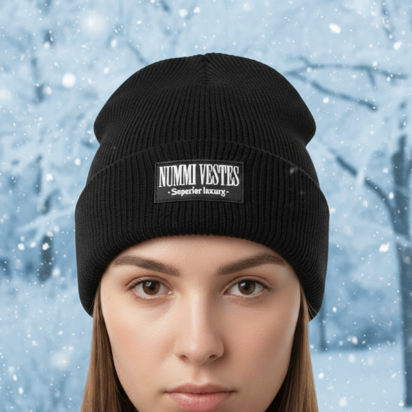 100% Cotton Ribbed Bi-Fold Rubber Logo Beanie