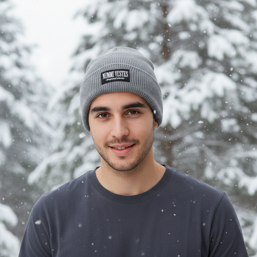 100% Cotton Ribbed Bi-Fold Rubber Logo Beanie