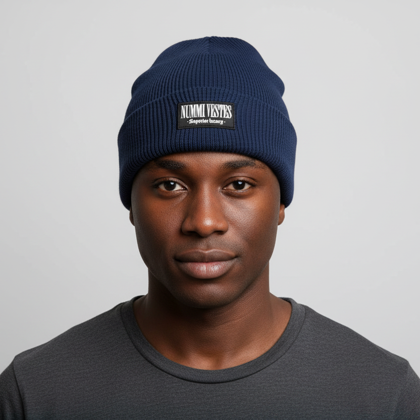 100% Cotton Ribbed Bi-Fold Rubber Logo Beanie