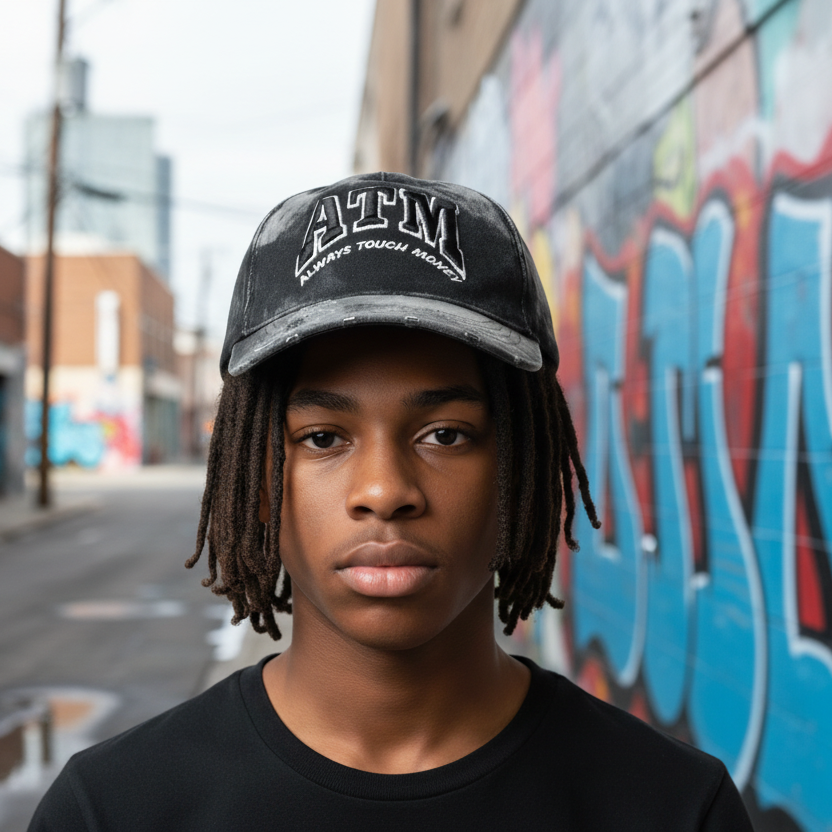 "A.T.M" Black Acid Washed Denim Adjustable Dad Hat