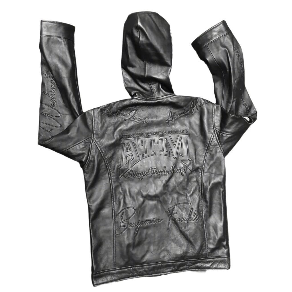 NUMMI VESTES "ALWAYS TOUCH MONEY(A.T.M)" ALL BLACK LEATHER HOODIE