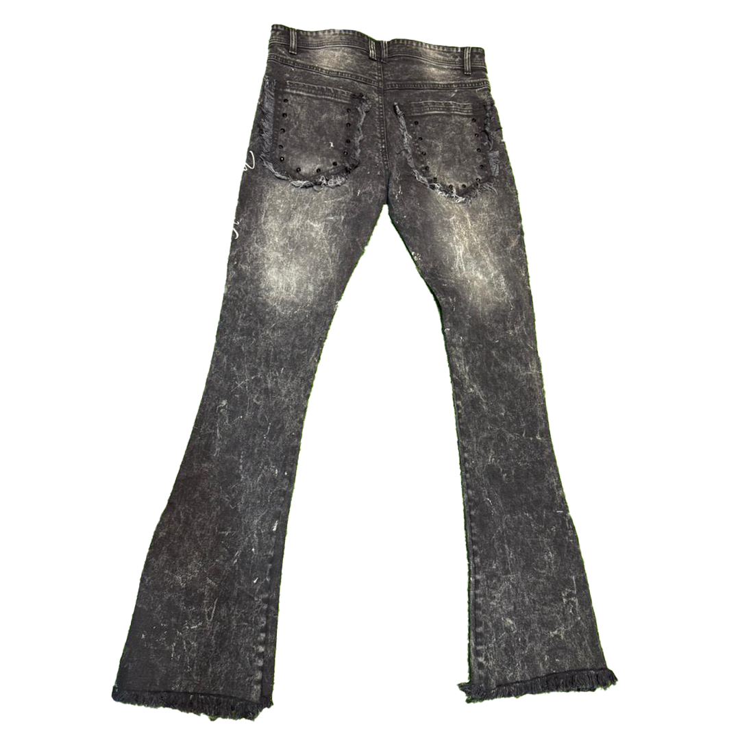 "A.T.M" Black Acid Washed Flared Bottom Fitted Denim Jeans