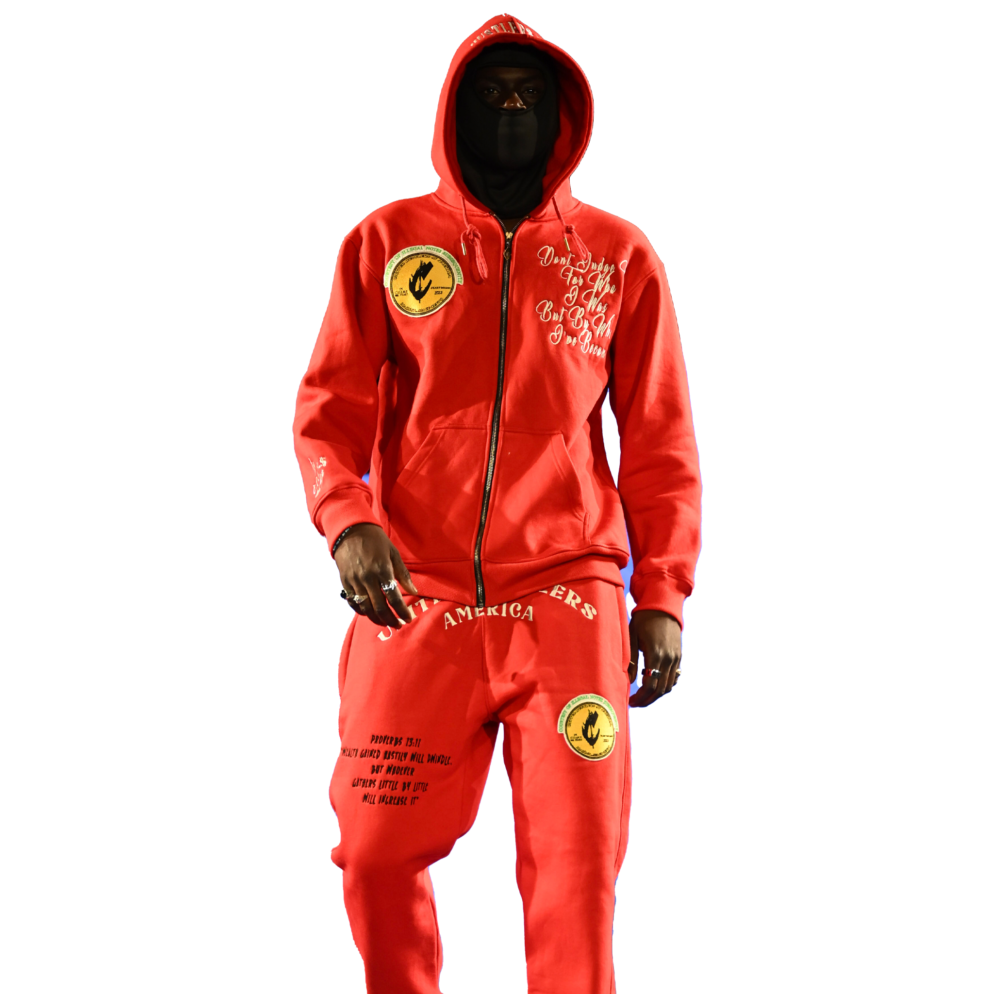 "United Hustlers of America" Relaxed Fit Cotton Zip Up Hooded Sweatsuits w/ Detachable Face warmers