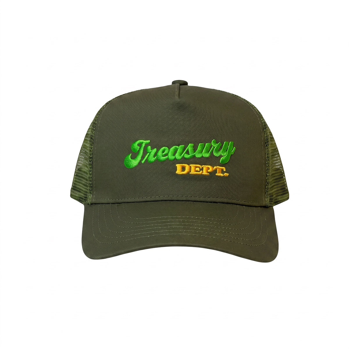 NUMMI VESTES olive green trucker hat with Treasury Dept embroidery in green and yellow on the front panel