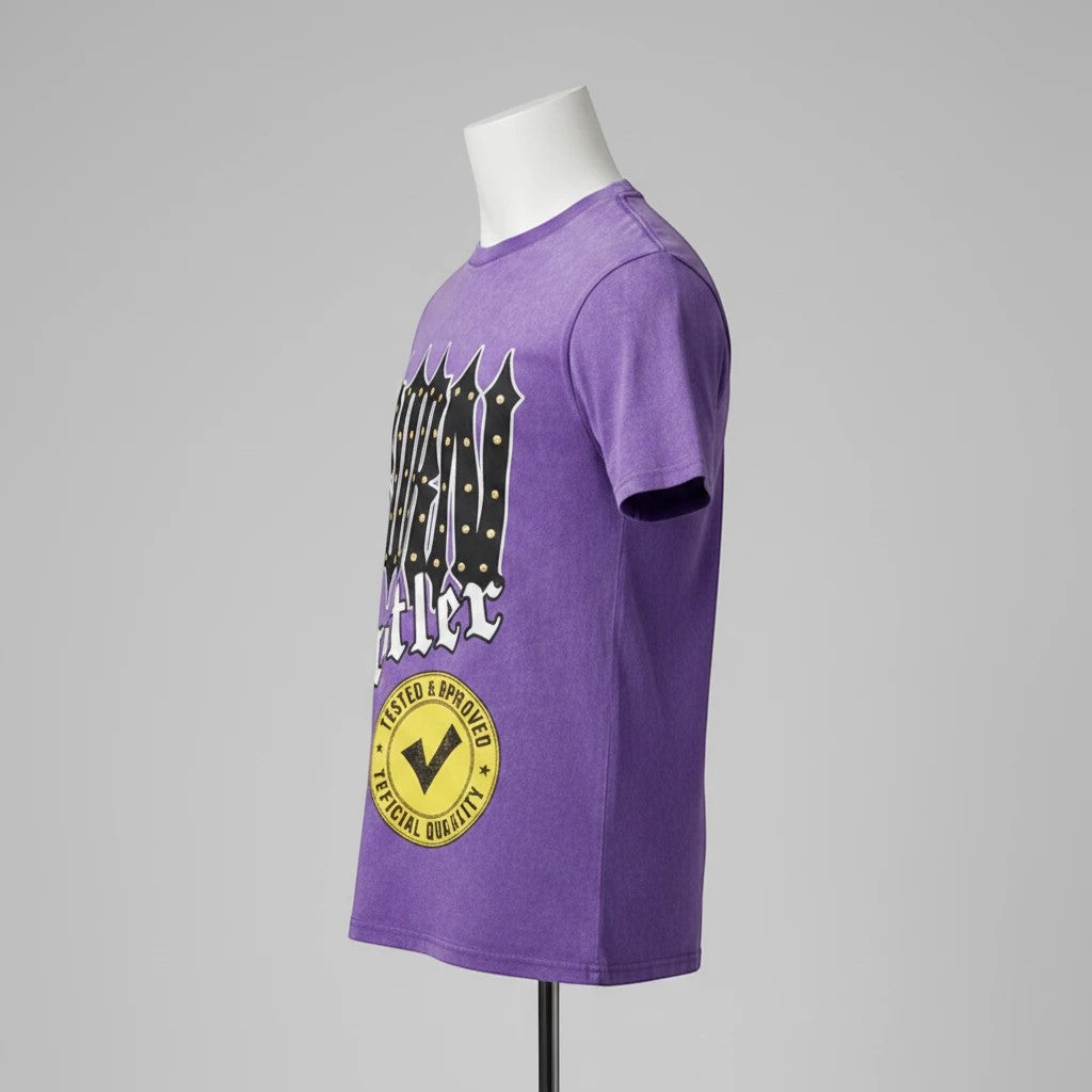 NUMMI VESTES acid-wash purple crew neck t-shirt with Born Hustler graphic print on a mannequin, side view