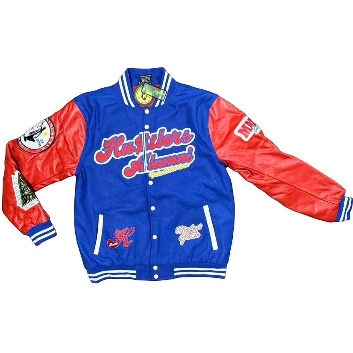 NUMMI VESTES royal blue and red varsity bomber jacket with faux leather sleeves and intricate NYC graphic embroidery.