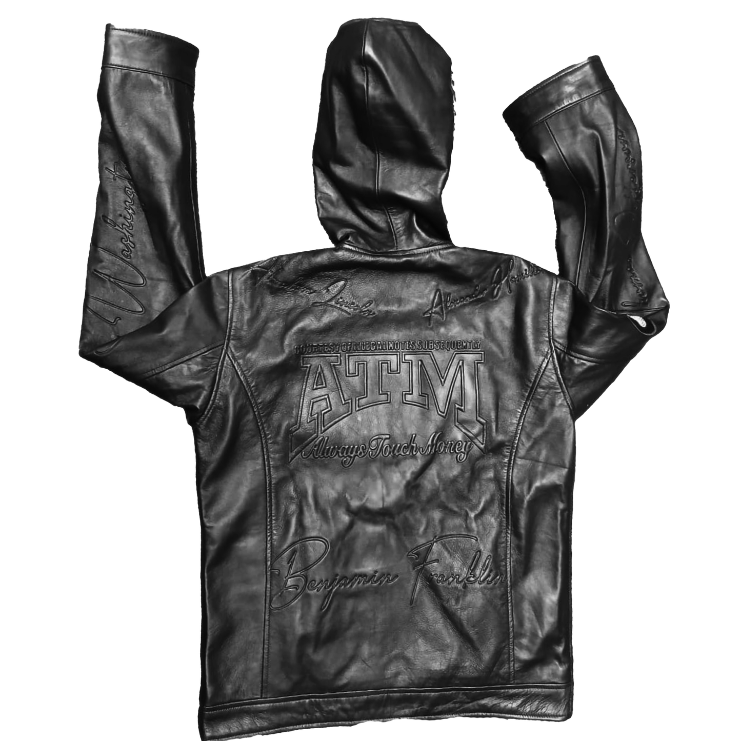 "ALWAYS TOUCH MONEY(A.T.M)" ALL BLACK LAMBSKIN LEATHER HOODIE