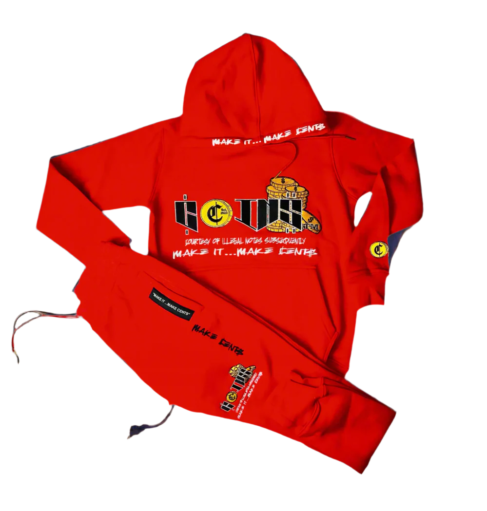 C.O.I.N.$ CLASSIC COTTON HOODED PULLOVER SWEATSUITS WITH POCKETS red black