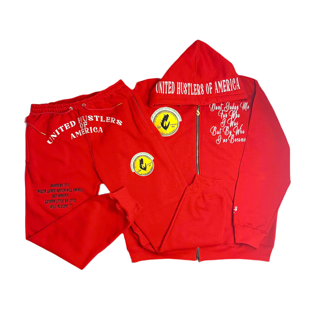 "United Hustlers of America" Relaxed Fit Cotton Zip Up Hooded Sweatsuits