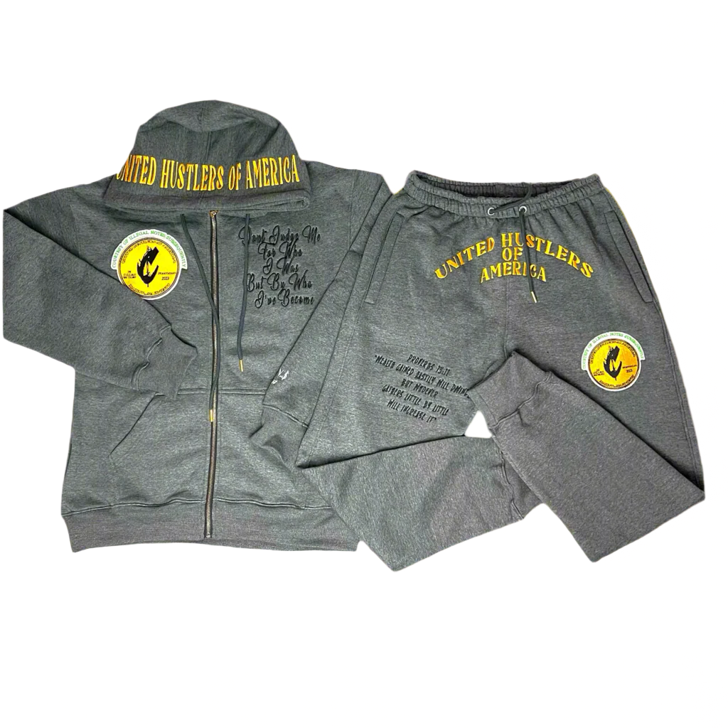 "United Hustlers of America" Relaxed Fit Cotton Zip Up Hooded Sweatsuits
