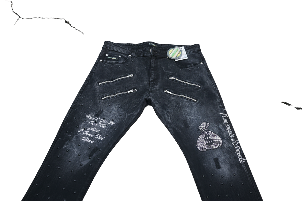 "A.T.M" BLACK ACID WASHED FLARED BOTTOM FITTED DENIM JEANS