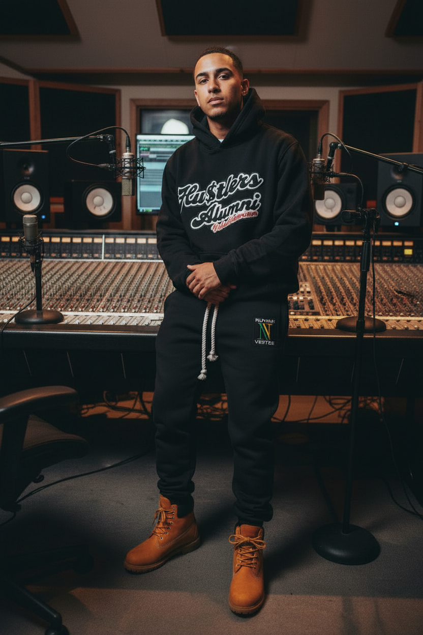 A two-piece tracksuit set consisting of a black pullover hoodie and matching jogger pants. The hoodie features 'Rustlers Alumni' printed in white script with red and green accents on the chest.