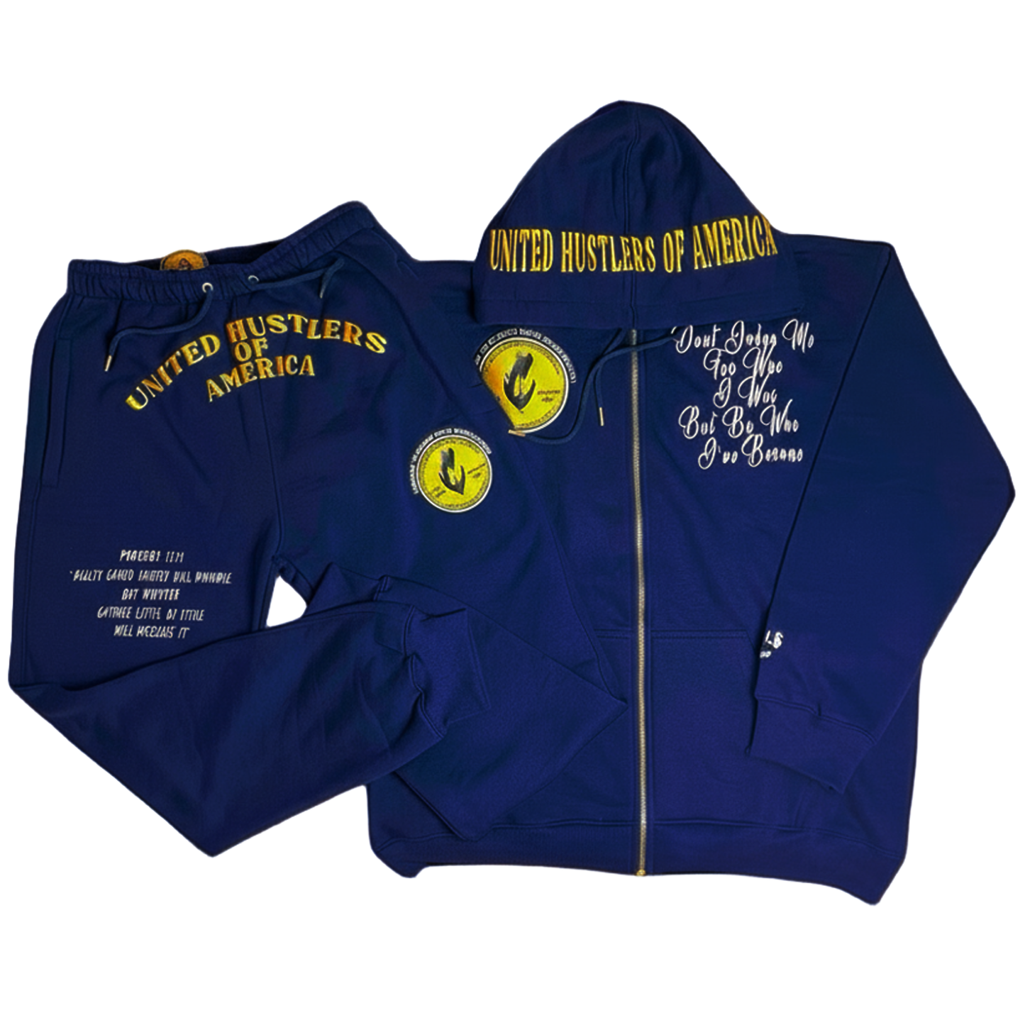 "United Hustlers of America" Relaxed Fit Cotton Zip Up Hooded Sweatsuits w/ Detachable Face warmers