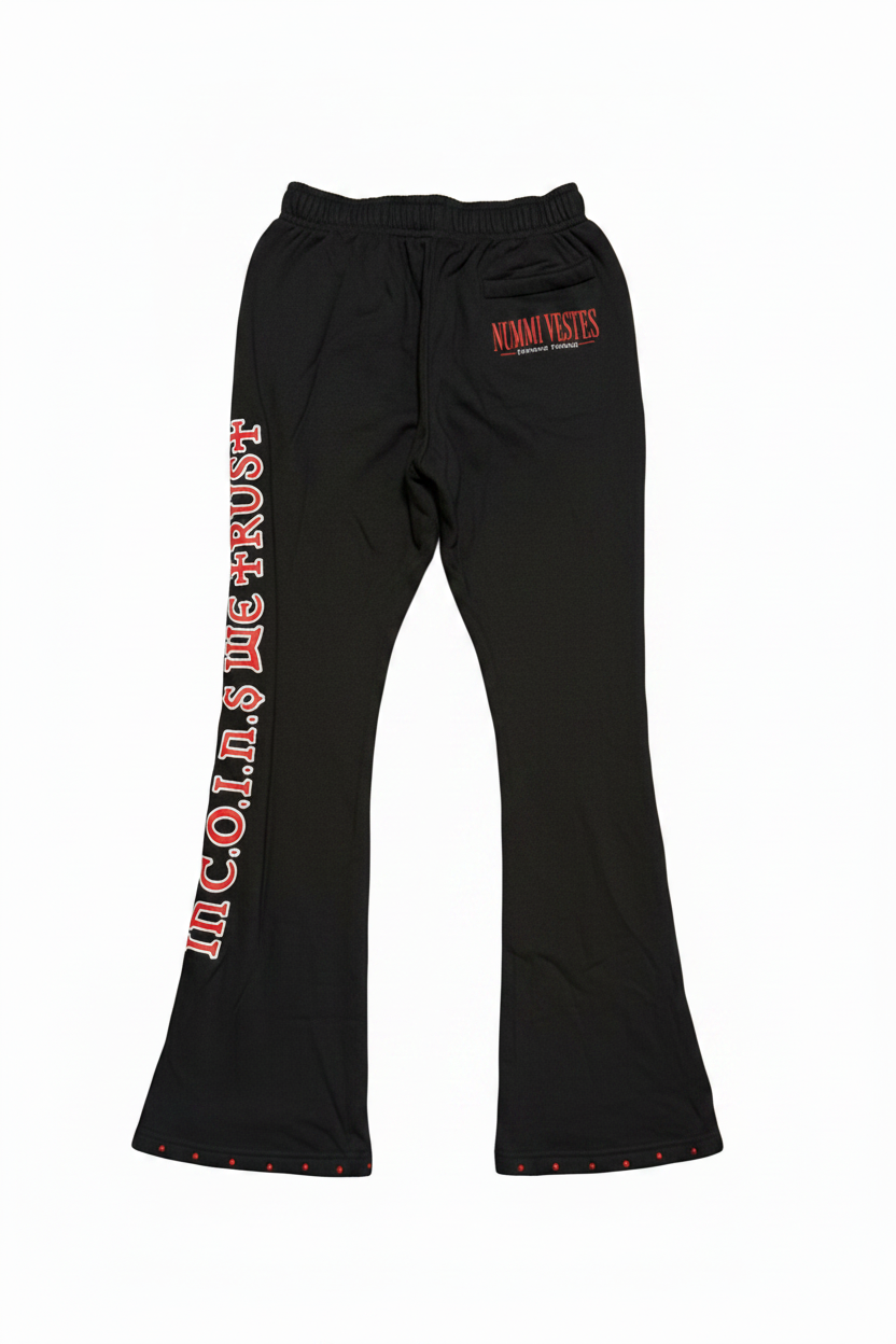 Black flared sweatpants with red and white graphic text on the left leg and right hip, photographed flat against a white background.