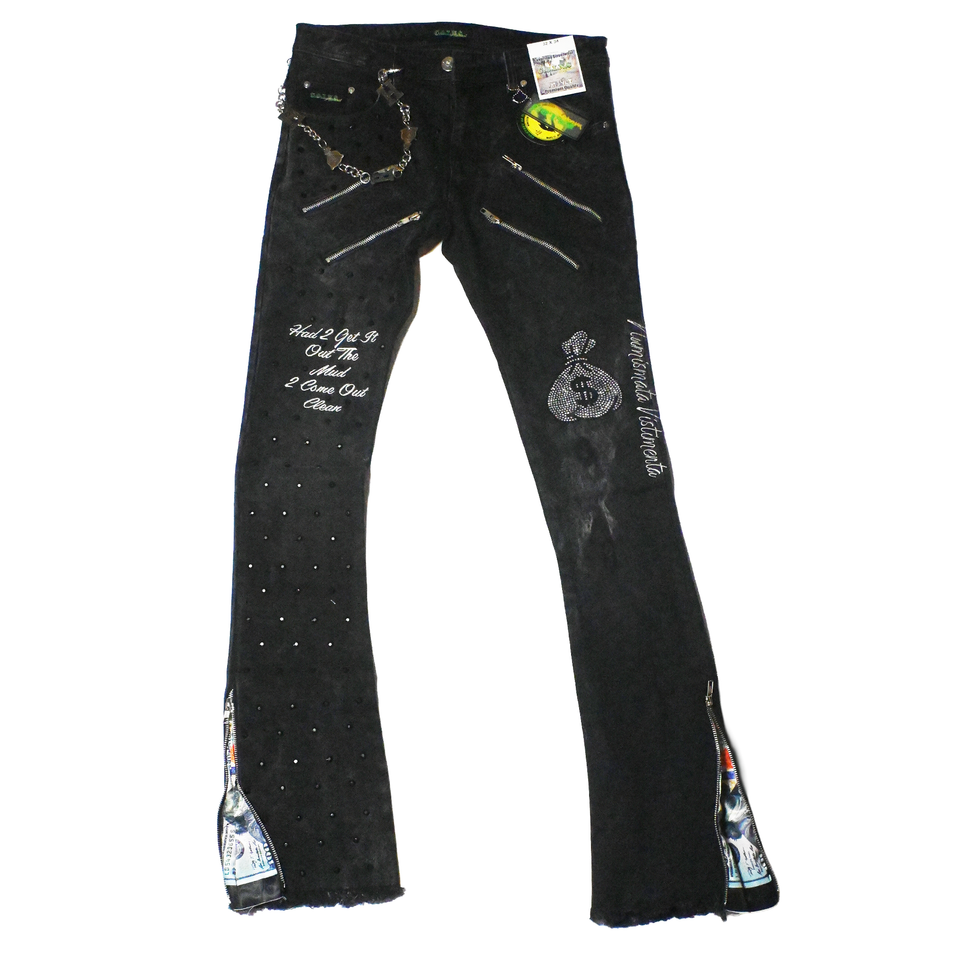 "A.T.M" Black Acid Washed Flared Bottom Fitted Denim Jeans