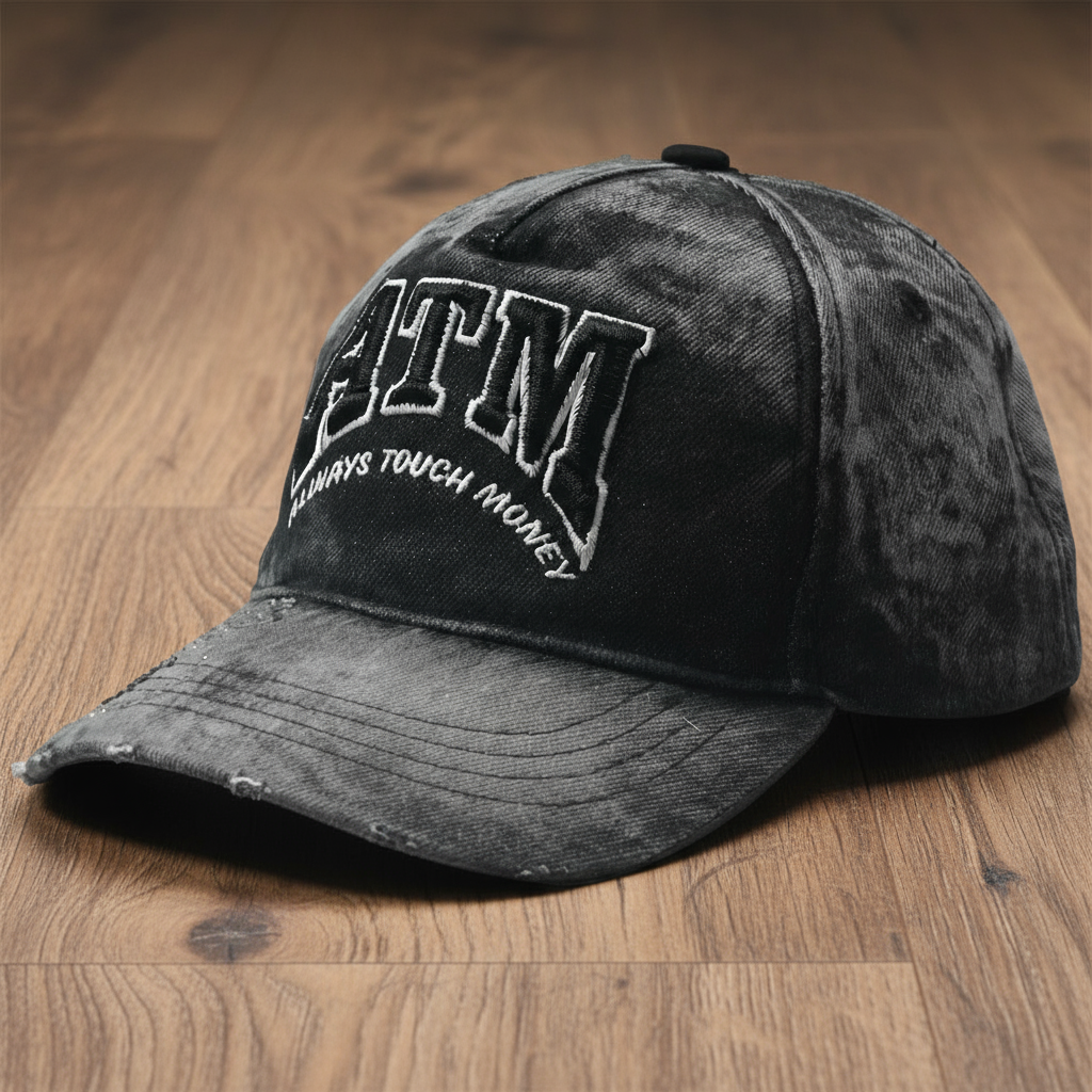 "A.T.M"  BLACK ACID WASHED DENIM ADJUSTABLE CAP