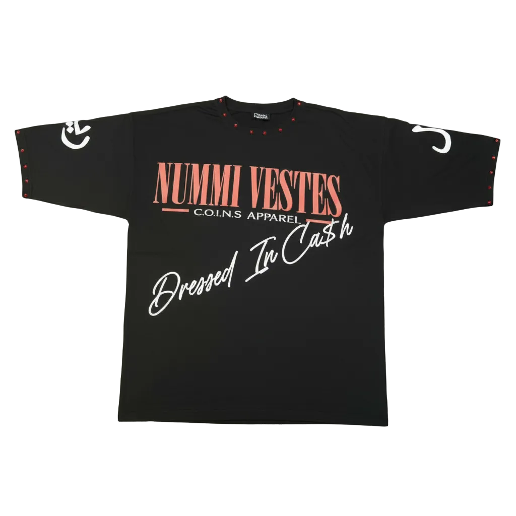 Black t-shirt with red and white text on a light gray background