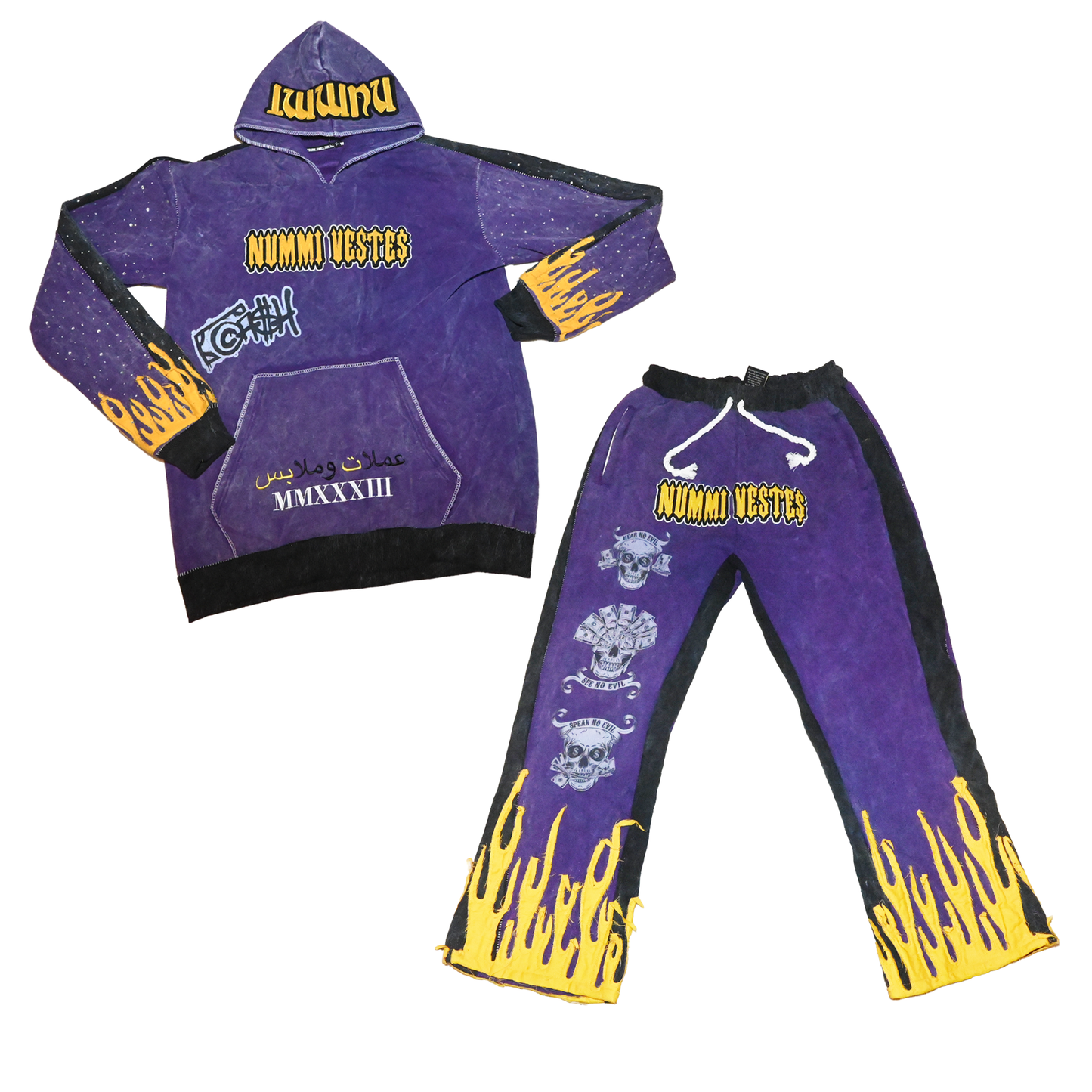 A two-piece kids' outfit set consisting of a purple hooded sweatshirt and matching pants with black and yellow flame graphics, skull prints, and 'NUMMI VESTES' text.