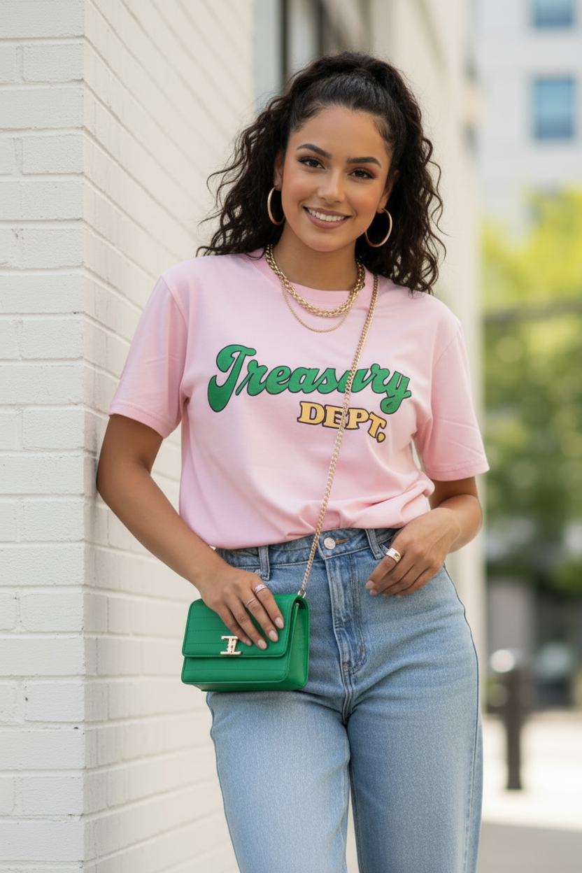A light pink short-sleeve crewneck t-shirt featuring 'Treasury DEPT.' printed across the chest in green and yellow.