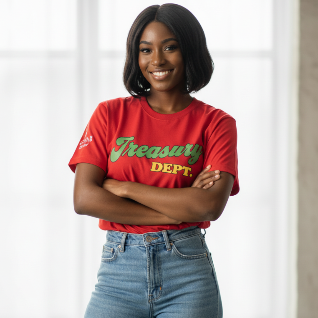 Red t-shirt with 'Treasury Dept.' text on a white background