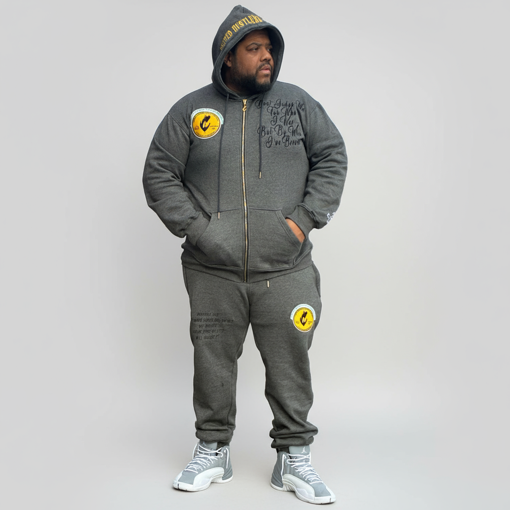 "United Hustlers of America" Relaxed Fit Cotton Zip Up Hooded Sweatsuits w/ Detachable Face warmers