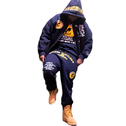 "United Hustlers of America" Relaxed Fit Cotton Zip Up Hooded Sweatsuits w/ Detachable Face warmers