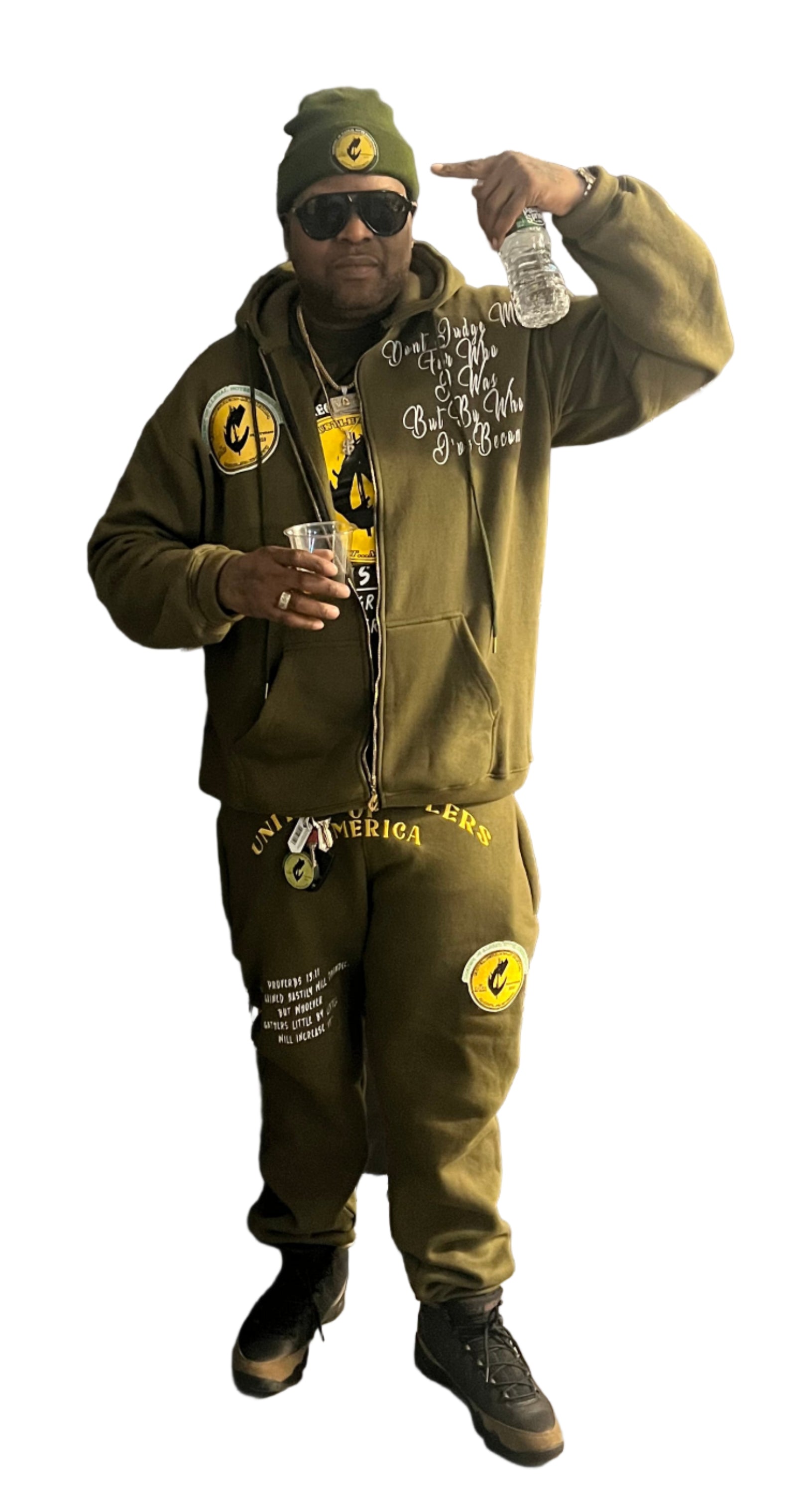 "United Hustlers of America" Relaxed Fit Cotton Zip Up Hooded Sweatsuits w/ Detachable Face warmers