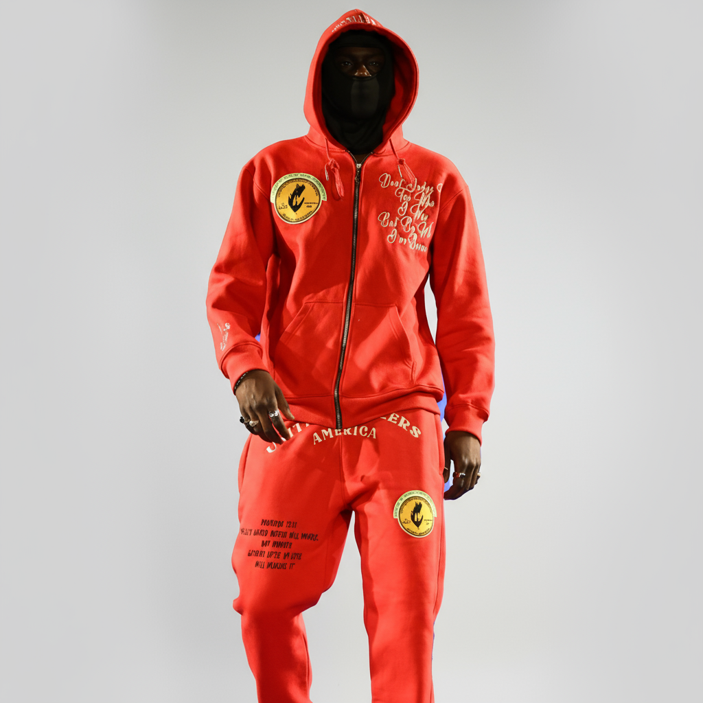 "United Hustlers of America" Relaxed Fit Cotton Zip Up Hooded Sweatsuits w/ Detachable Face warmers