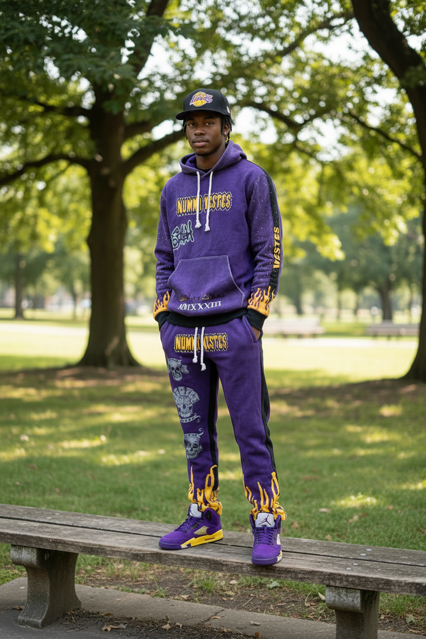 A two-piece kids' outfit set consisting of a purple hooded sweatshirt and matching pants with black and yellow flame graphics, skull prints, and 'NUMMI VESTES' text.