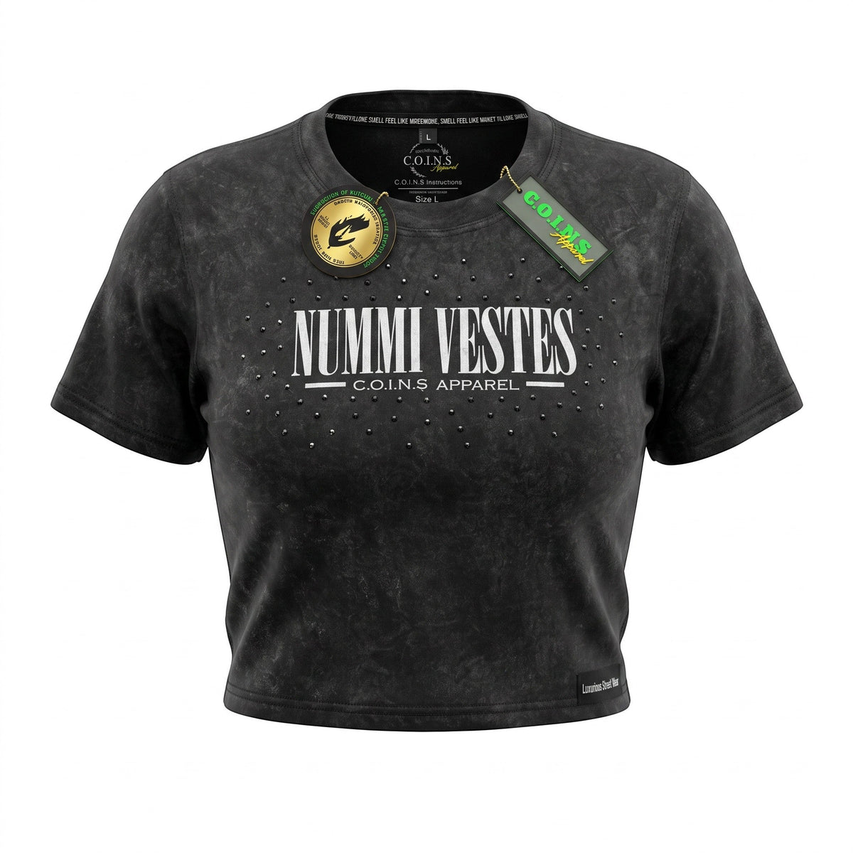 NUMMI VESTES black acid-washed cotton crop t-shirt with white graphic logo and shimmering stud embellishments