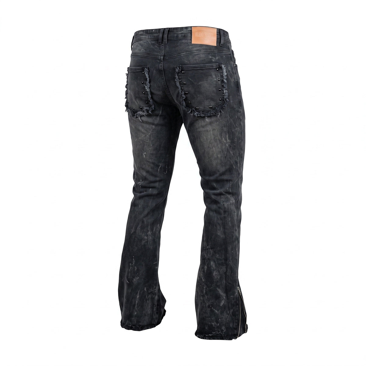 NUMMI VESTES black acid washed denim jeans with back pockets featuring rhinestone studs and frayed edges