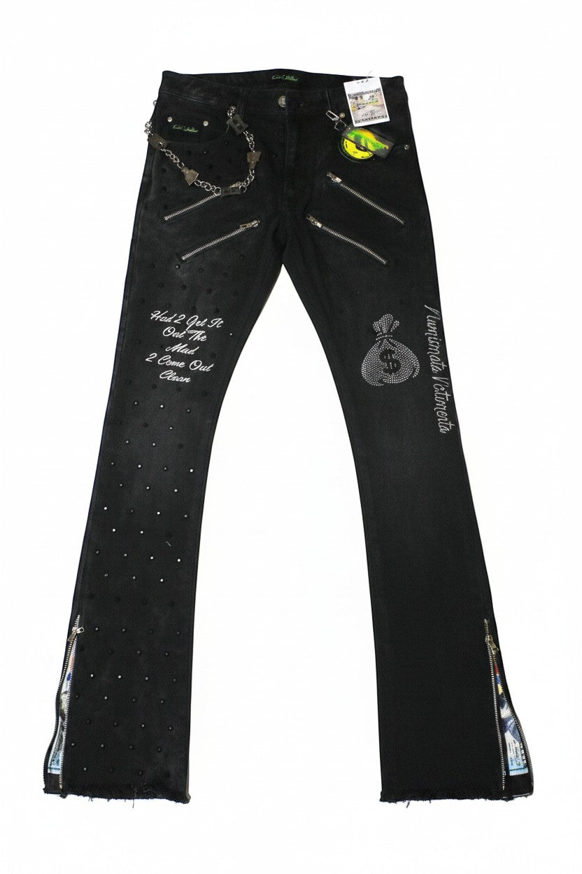 NUMMI VESTES black acid washed denim jeans with rhinestone studs, zipper thigh details, and money bag embroidery.