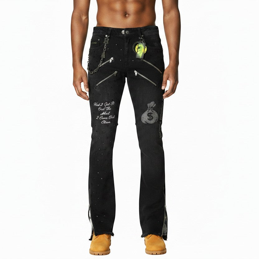 NUMMI VESTES black acid washed denim jeans with thigh zippers, rhinestone studs, money bag embroidery, and chains.