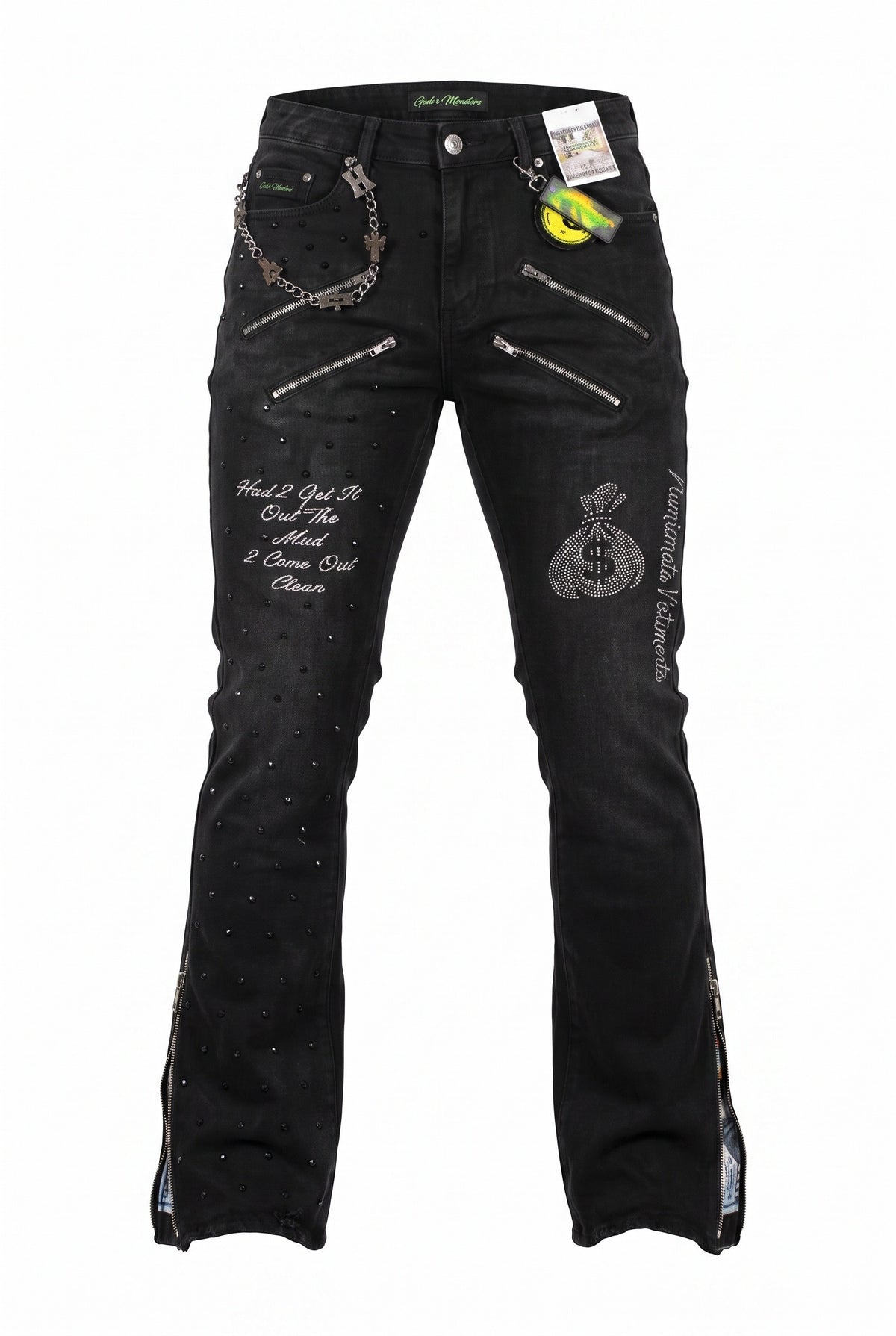 NUMMI VESTES black acid washed denim jeans with rhinestone studs, metallic chains, and zippered flared leg openings.