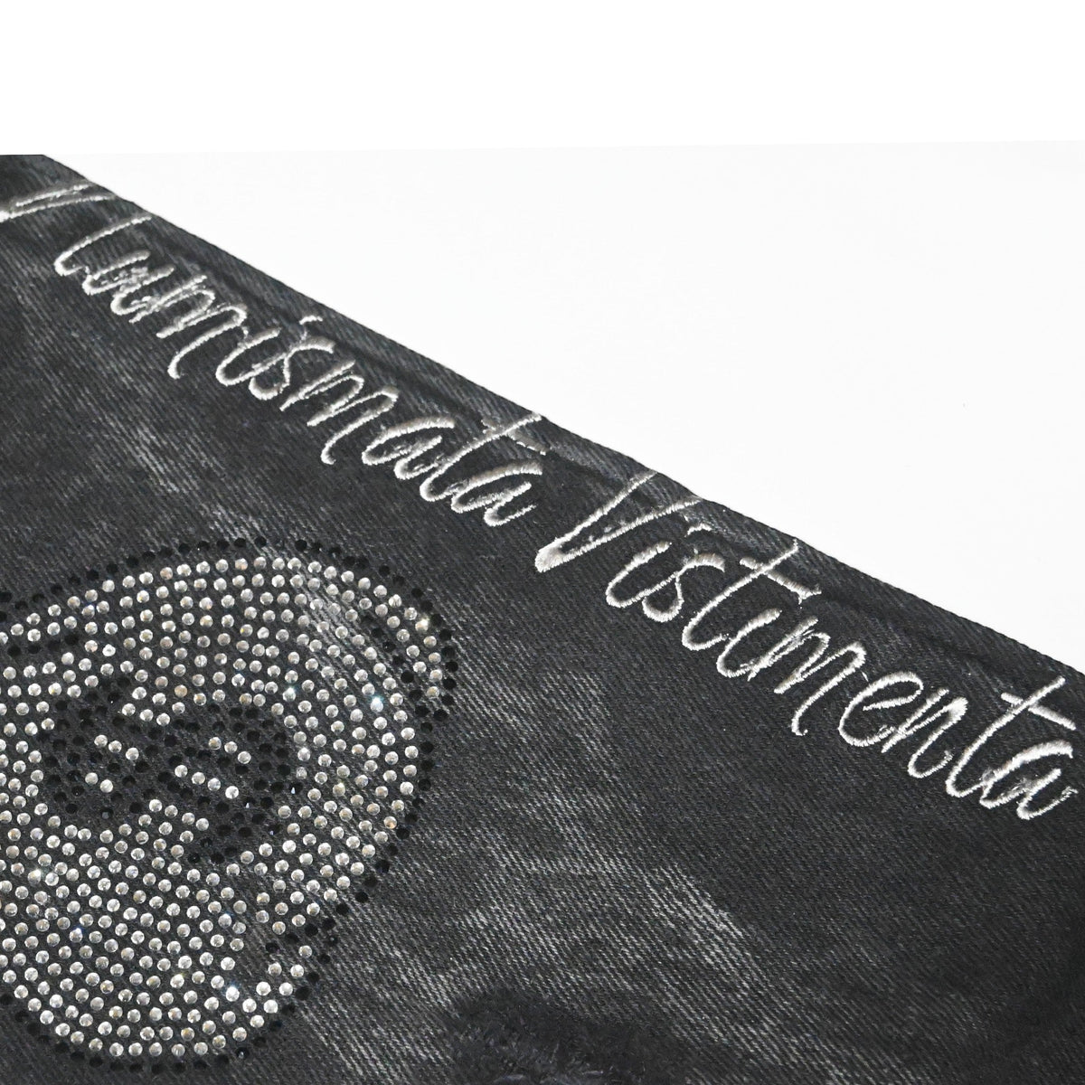 NUMMI VESTES black acid washed denim featuring rhinestone money bag detail and white embroidered script lettering.