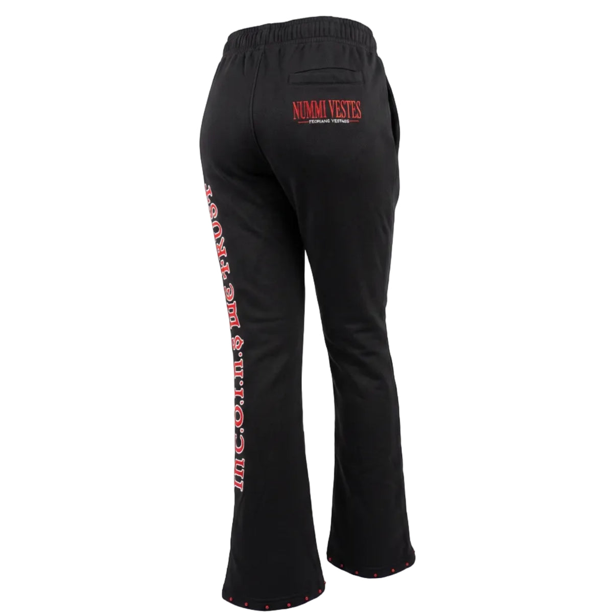 NUMMI VESTES black cotton joggers with flared hem, red logo embroidery on back pocket, and side leg text detail