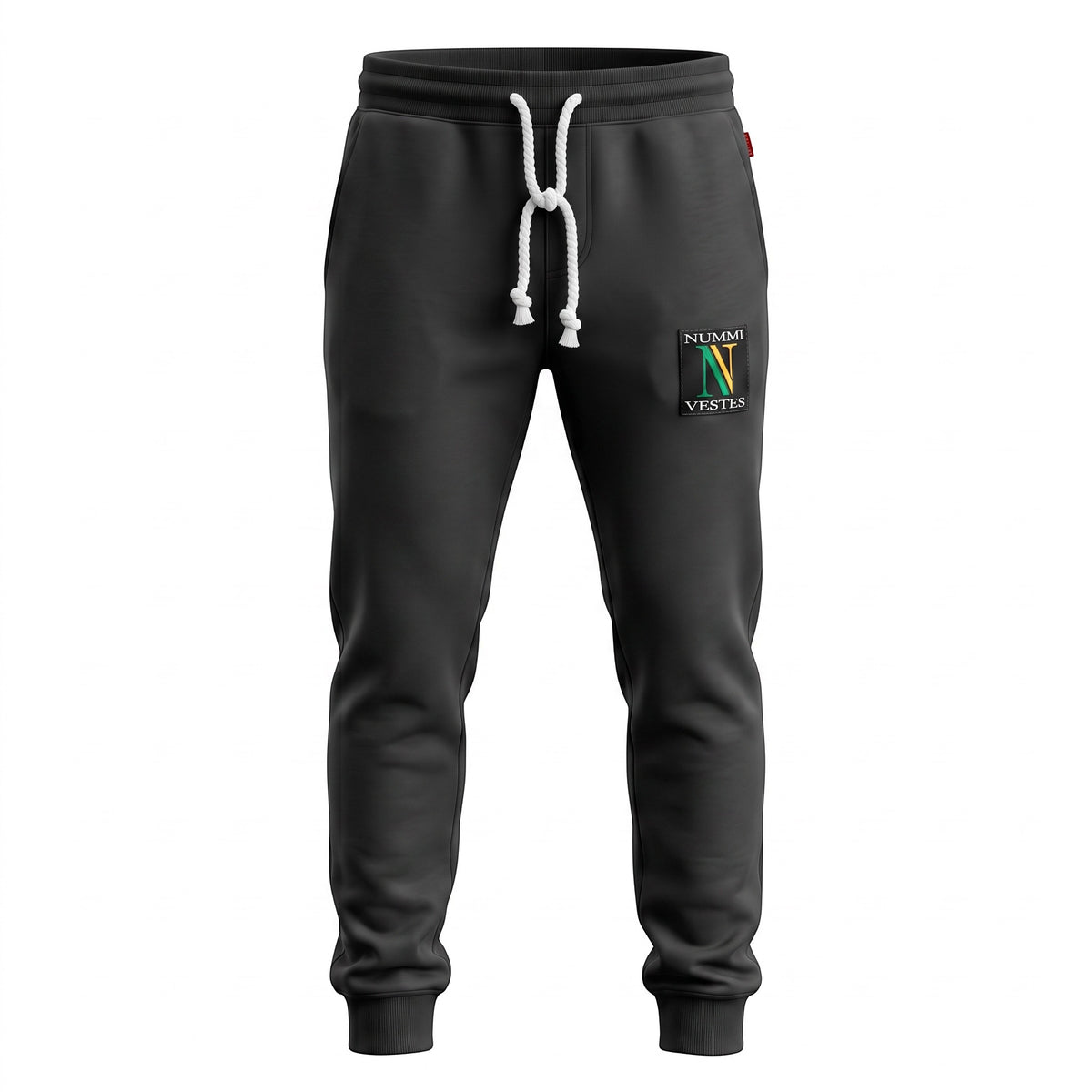 NUMMI VESTES black cotton joggers with white twisted rope drawstring and branded patch on the thigh