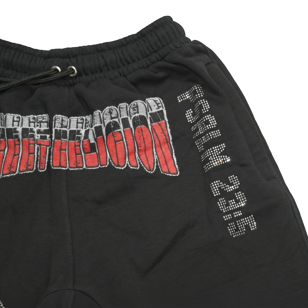 NUMMI VESTES black cotton joggers featuring Street Religion graphic and Psalm 23:5 rhinestone detail