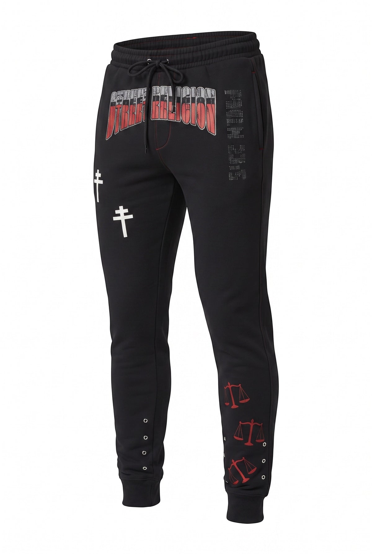 NUMMI VESTES black cotton joggers featuring Street Religion graphic, white cross prints, and red scale icons.