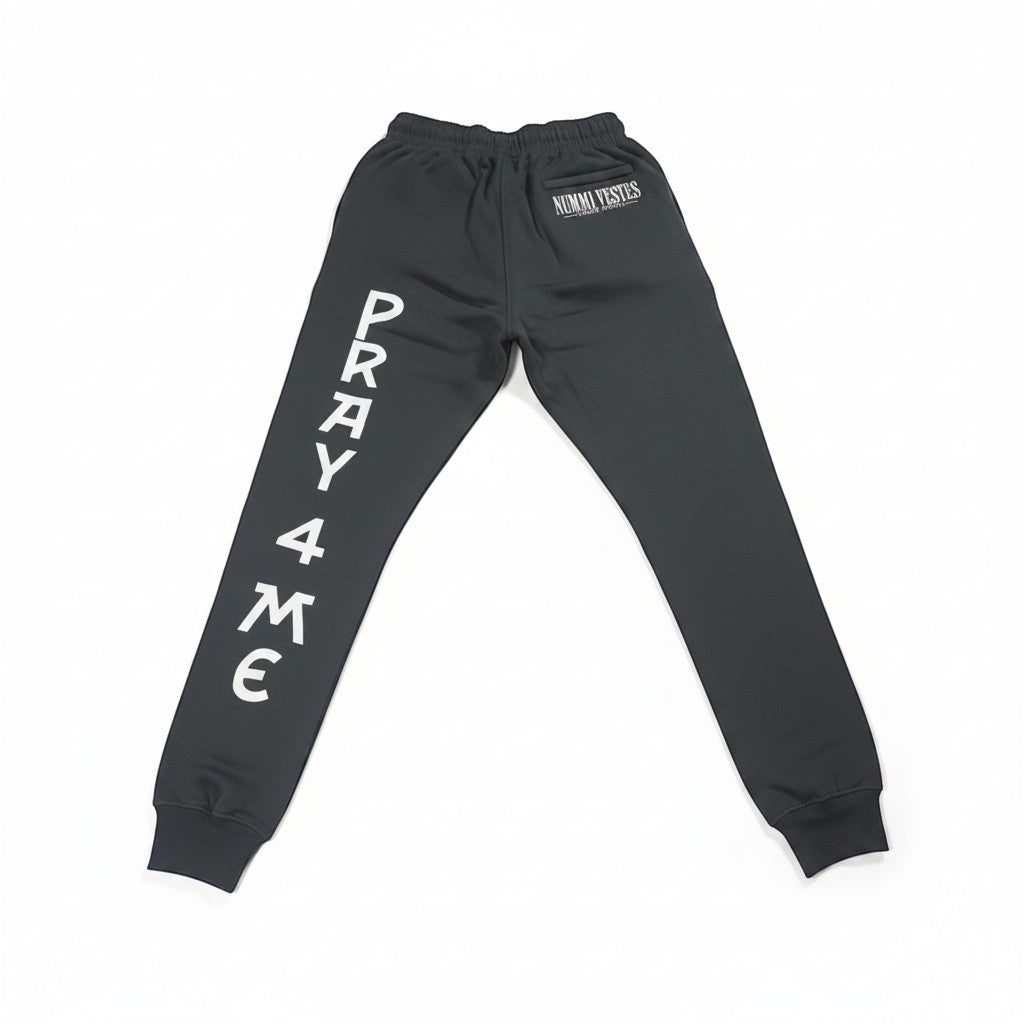 NUMMI VESTES black cotton joggers with PRAY 4 ME text print on the leg and a zippered back pocket