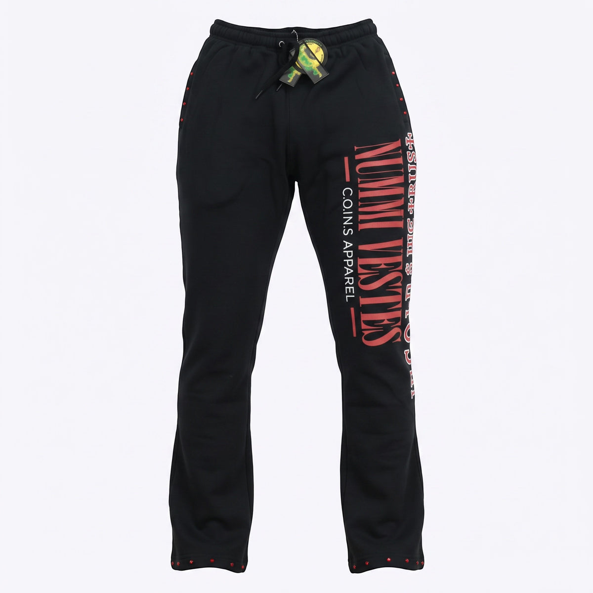 NUMMI VESTES premium black cotton joggers with red logo print, drawstring waist, and flared leg design.