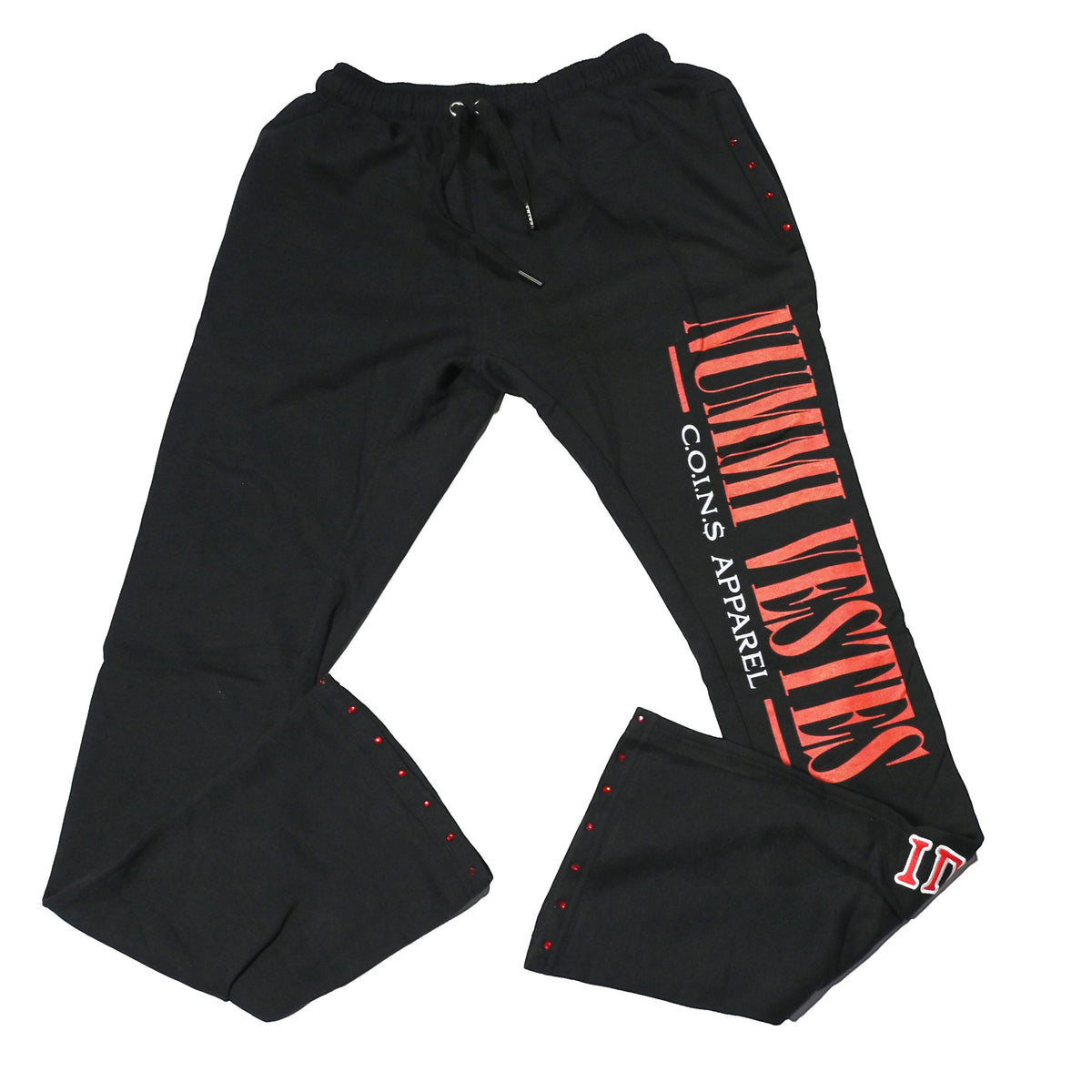 NUMMI VESTES black cotton joggers featuring a flared leg, drawstring waist, and red graphic logo print.