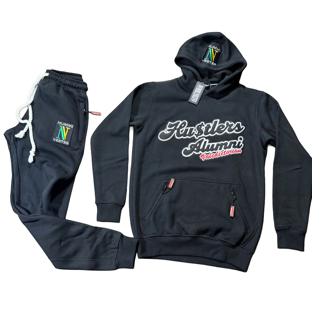 NUMMI VESTES black premium cotton hooded sweatsuit with Hustlers Alumni embroidery and zippered pockets
