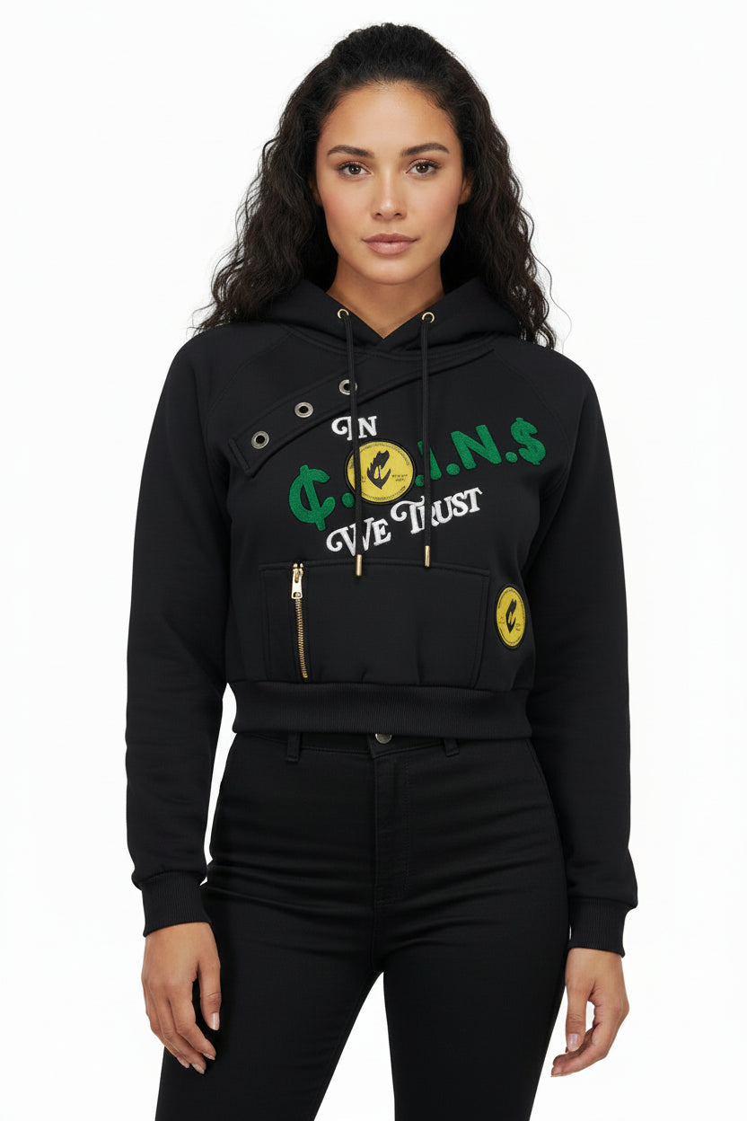 NUMMI VESTES black cropped pullover hoodie with graphic embroidery, front zipper pocket, and button neck detail.