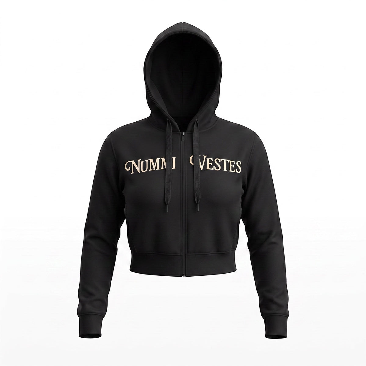 NUMMI VESTES black cropped zip-up hoodie with a drawstring hood and white logo graphic on the chest