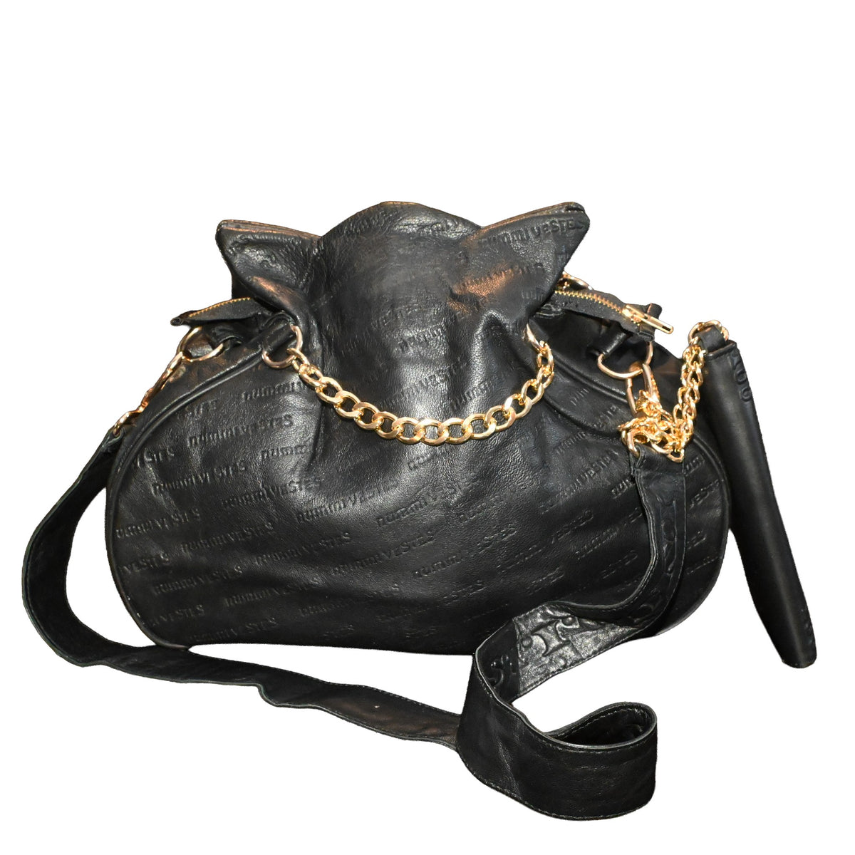 NUMMI VESTES black embossed leather shoulder bag with gold chain detail and attached wallet