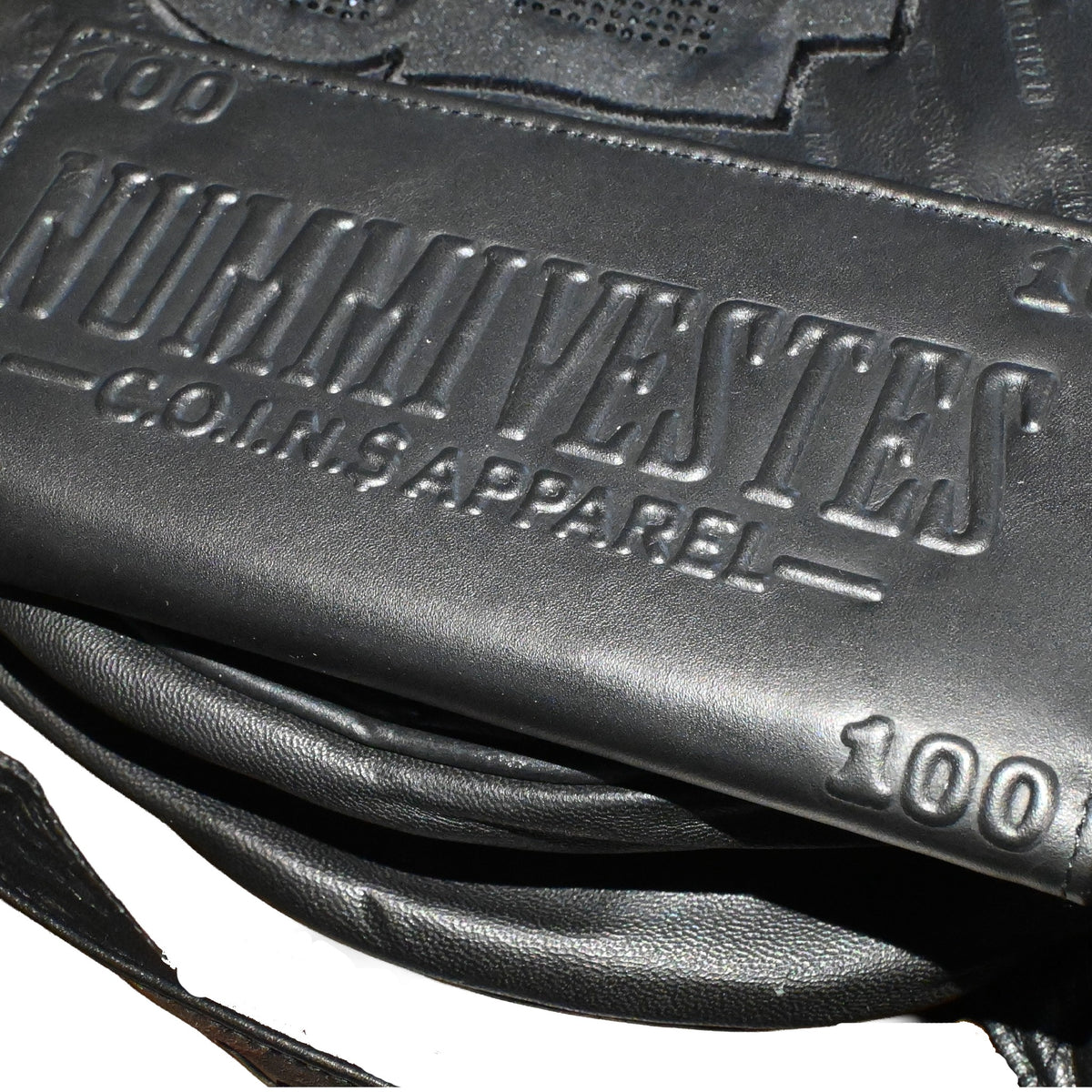 NUMMI VESTES black embossed leather shoulder bag featuring the brand logo and 100 detail on a premium textured surface