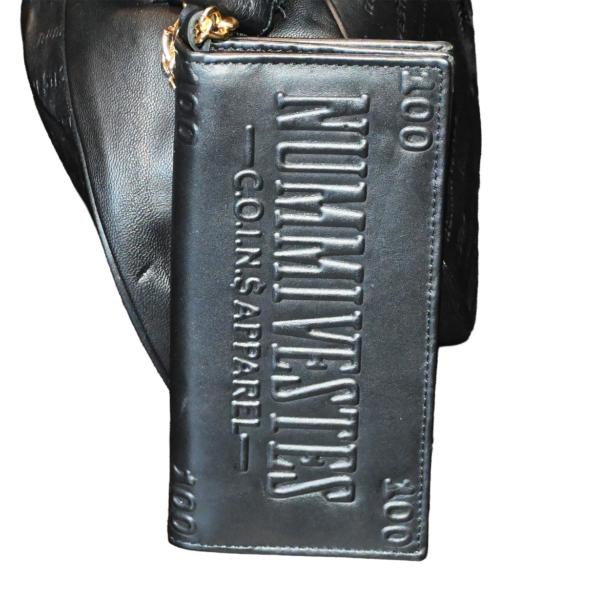 NUMMI VESTES black embossed leather wallet with debossed logo branding and gold hardware attachment