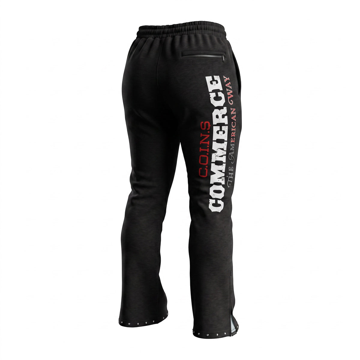 NUMMI VESTES black terry cotton flared joggers with white Commerce text and rhinestone detailing on the leg hem