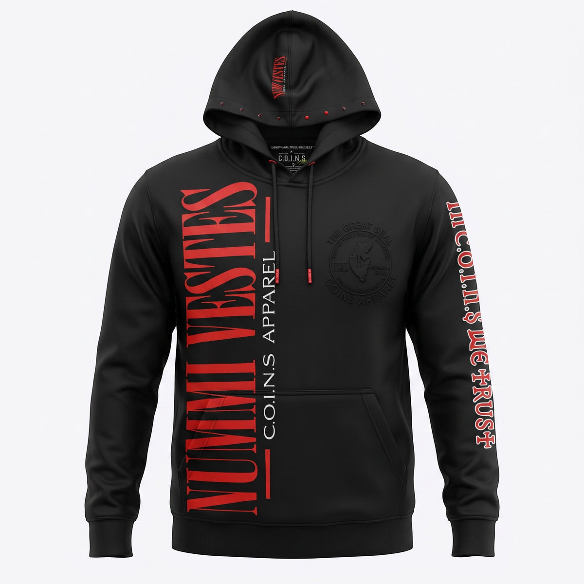 NUMMI VESTES black cotton pullover hoodie featuring bold red vertical typography, sleeve graphics, and kangaroo pocket.